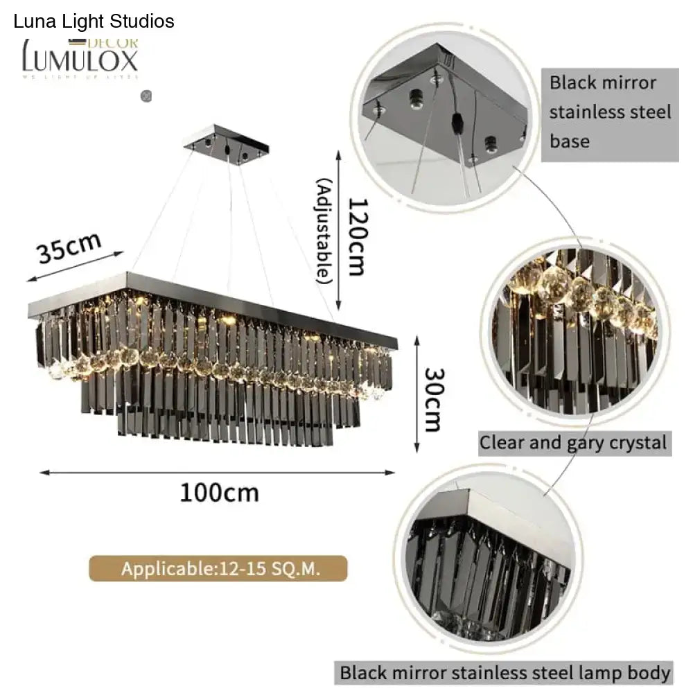 DecorBites™ Lamis modern black rectangle crystal chandelier with black mirror stainless steel base and clear gray crystals