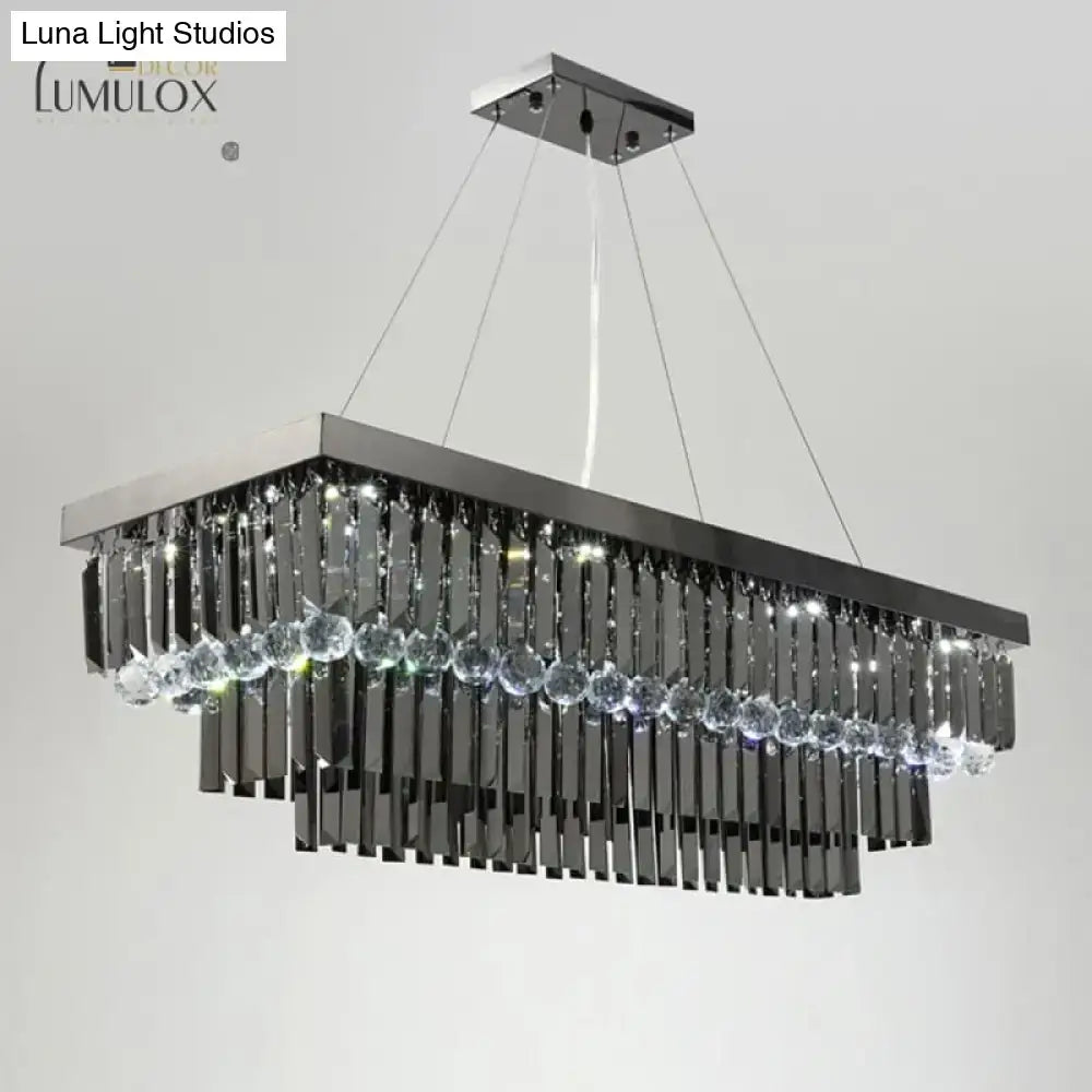 DecorBites™ Lamis modern black rectangle crystal chandelier with chrome finish cascading crystal rods and clear beads