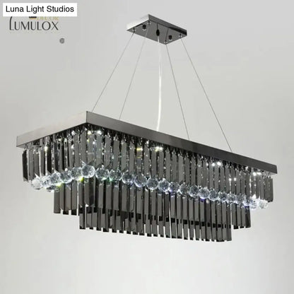 DecorBites™ Lamis modern black rectangle crystal chandelier with chrome finish cascading crystal rods and clear beads