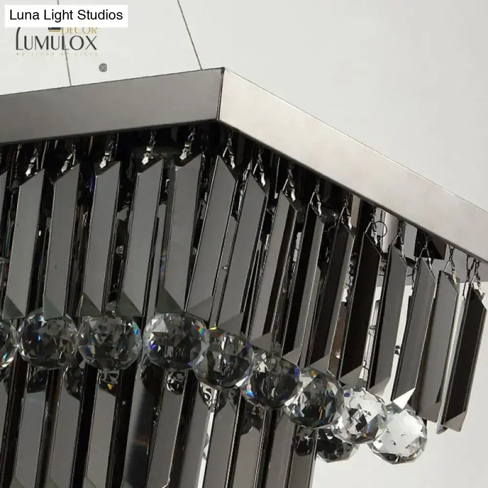 Modern black rectangle crystal chandelier with chrome finish sleek bars and faceted crystal spheres by DecorBites™