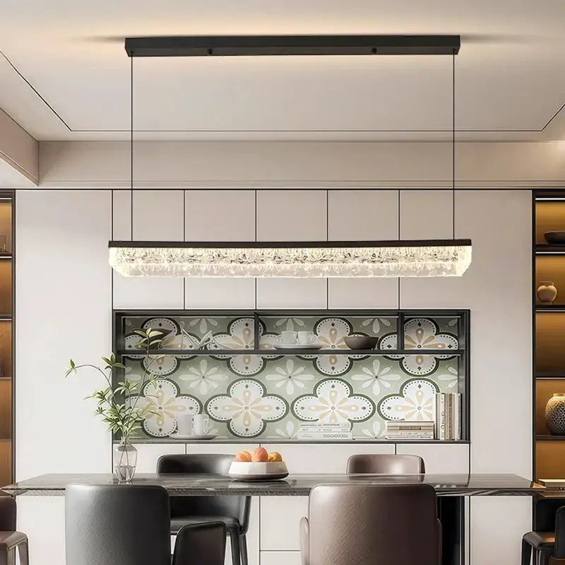Modern black rectangular crystal pendant light selected version with sleek frame and sparkling accents for dining room use
