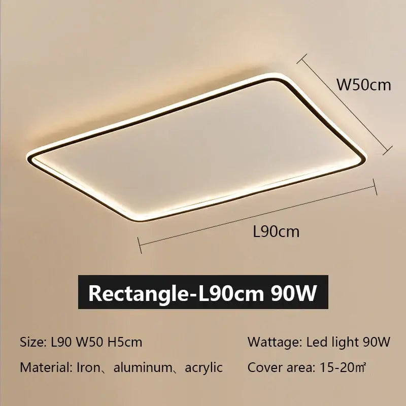Modern black rectangular decorbites led ceiling lamp with white acrylic panel and slim metal frame measuring 90cm by 50cm