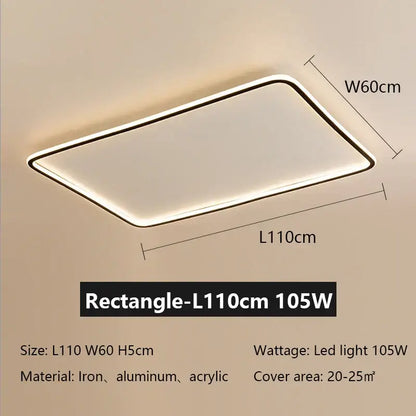 Modern black rectangular decorbites led ceiling lamp with sleek white acrylic diffuser and slim metal frame 110cm by 60cm