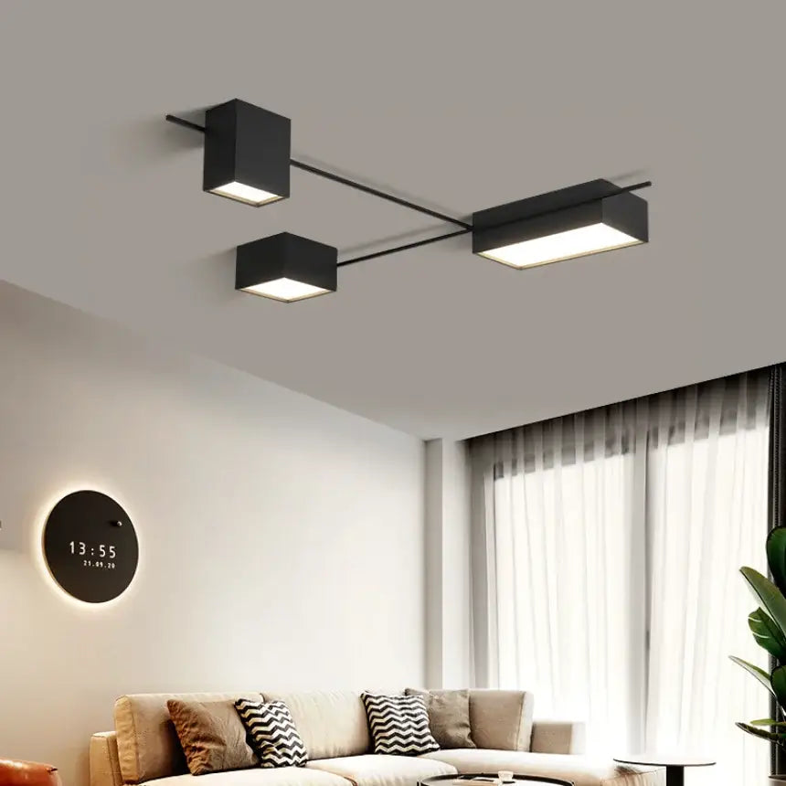Modern black rectangular led ceiling lights with three illuminated square panels for living room decoration