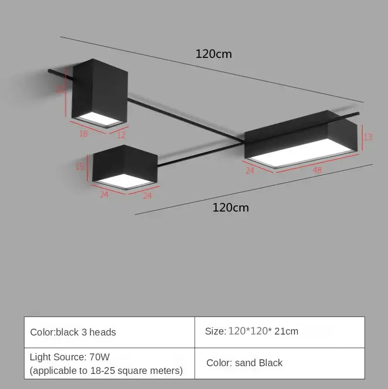 Modern black rectangular led ceiling lights with three heads and central bar for living room decoration ceiling lights