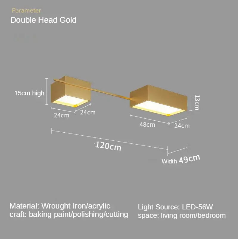Gold double-headed led ceiling light with rectangular illuminated fixtures and central rod for modern living room decor