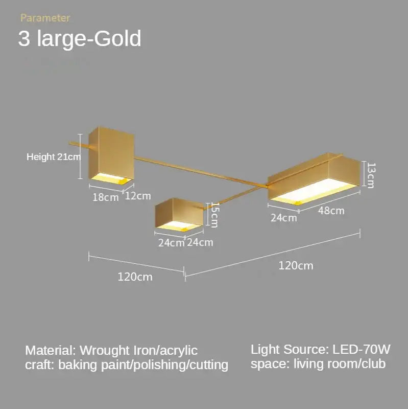 Gold-colored modern pendant led ceiling lights with three rectangular lamps suspended by black wrought iron arm