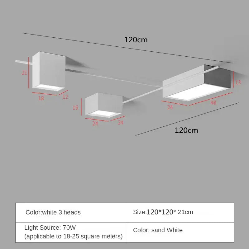 Modern white rectangular led ceiling light fixture with three illuminated heads for living room ceiling lights decoration