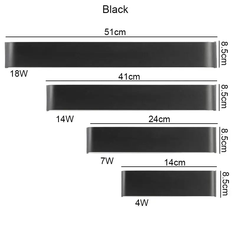 Modern black rectangular led wall lamp showing four resistance bands in different widths for bedroom warm glow lighting