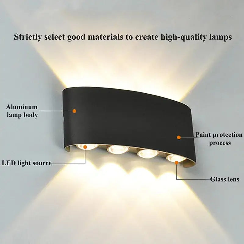 Modern black curved aluminum led wall light with four glass lenses for garden or living room decorbites led wall light