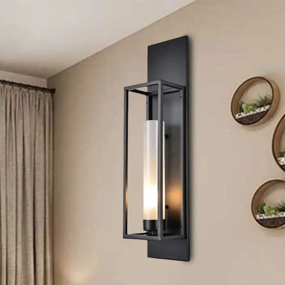 Modern black rectangular wall lamp with metal frame and frosted glass shade for living room lighting