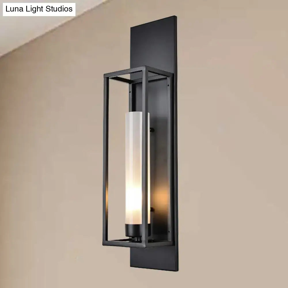 Modern black rectangular wall lamp with metal frame and frosted glass shade for stylish living room lighting