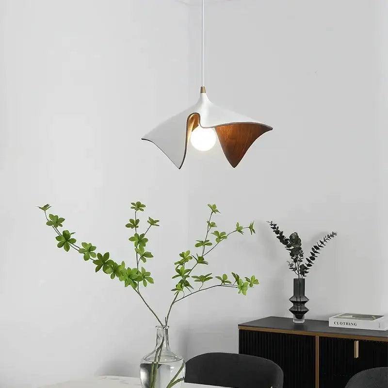 Modern black resin led pendant chandelier with white wood-toned petal design for living room decorbites black resin