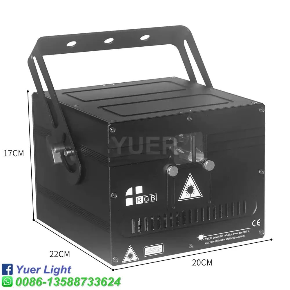 Modern black rgb animation laser light with handle and ventilation slots designed as a light dj scanner for clubs