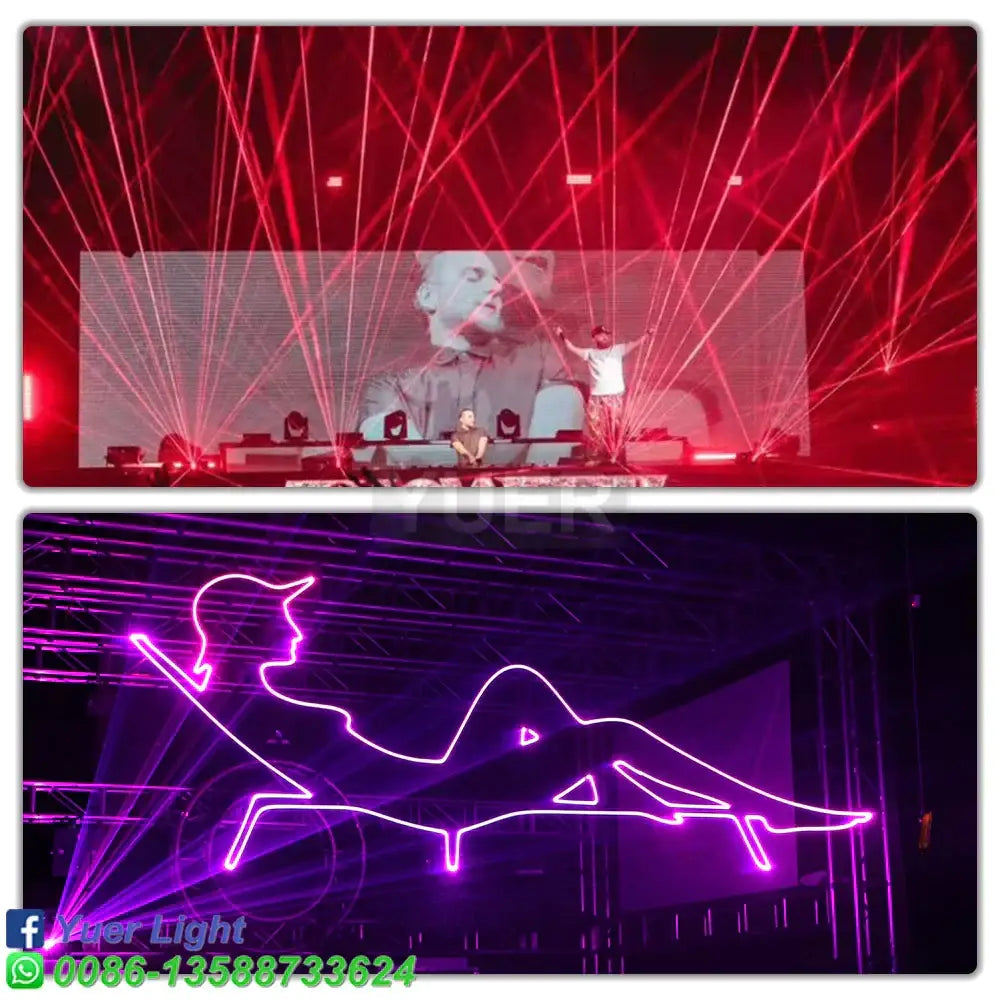 Modern black rgb animation laser light displaying a glowing neon purple outline of a reclining figure for club use