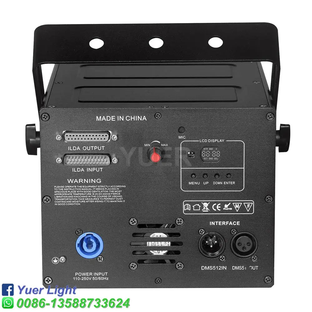 Modern black rgb animation laser light featuring a professional dm512in dm51 out light dj scanner with blue power input