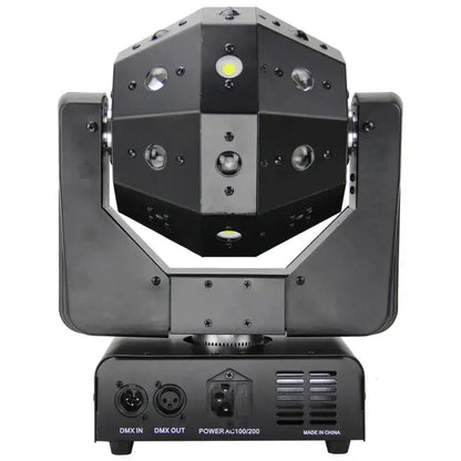 Black geometric moving head spotlight with multiple circular emitters and dmx ports for rgbw laser football light use