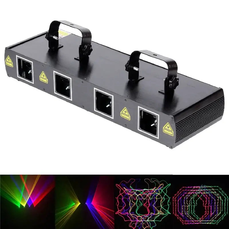 Modern black rgby dmx laser projector with four output ports and handle grips for party room lighting effects