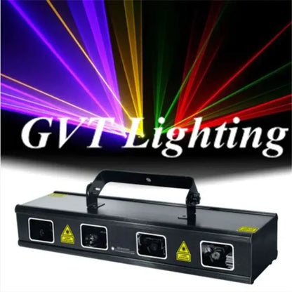Modern black rgby dmx laser projector with lens emitting multiple colored beams for party room lighting