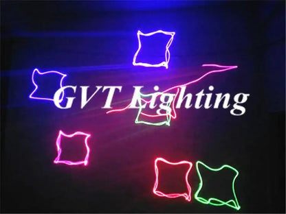 Modern black rgby dmx laser projector displaying neon pink green and purple geometric laser light patterns for party rooms