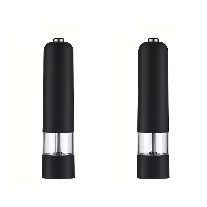 Modern black ribbed automatic salt pepper grinder set with clear glass sections for efficient kitchen use