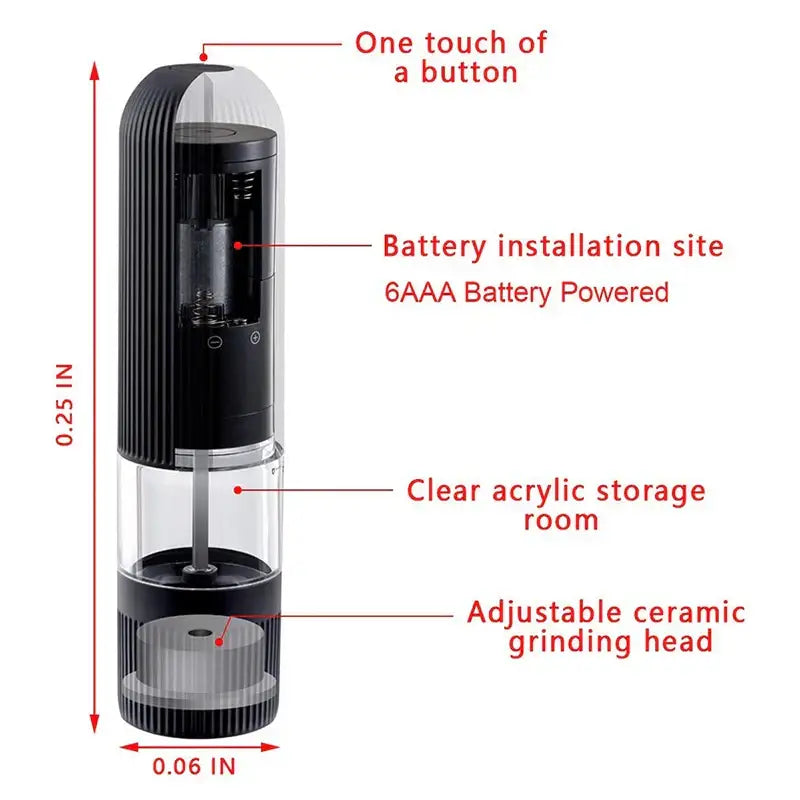 Modern black ribbed automatic salt pepper grinder set with clear acrylic body and adjustable ceramic grinding head powered by batteries