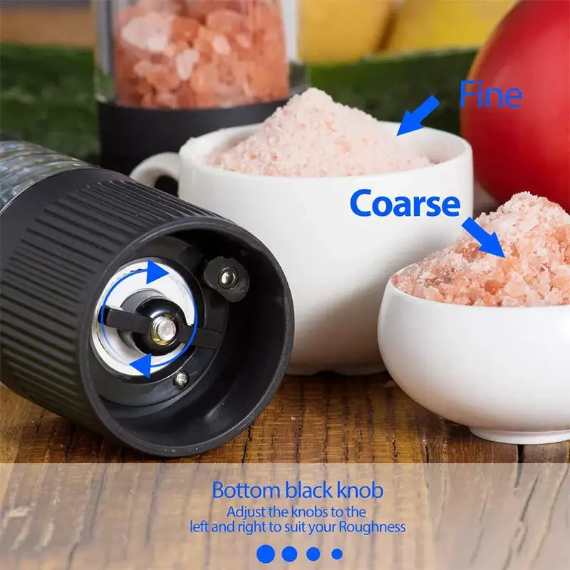 Modern black ribbed automatic salt pepper grinder set with textured grip and adjustable coarse fine settings for kitchen use