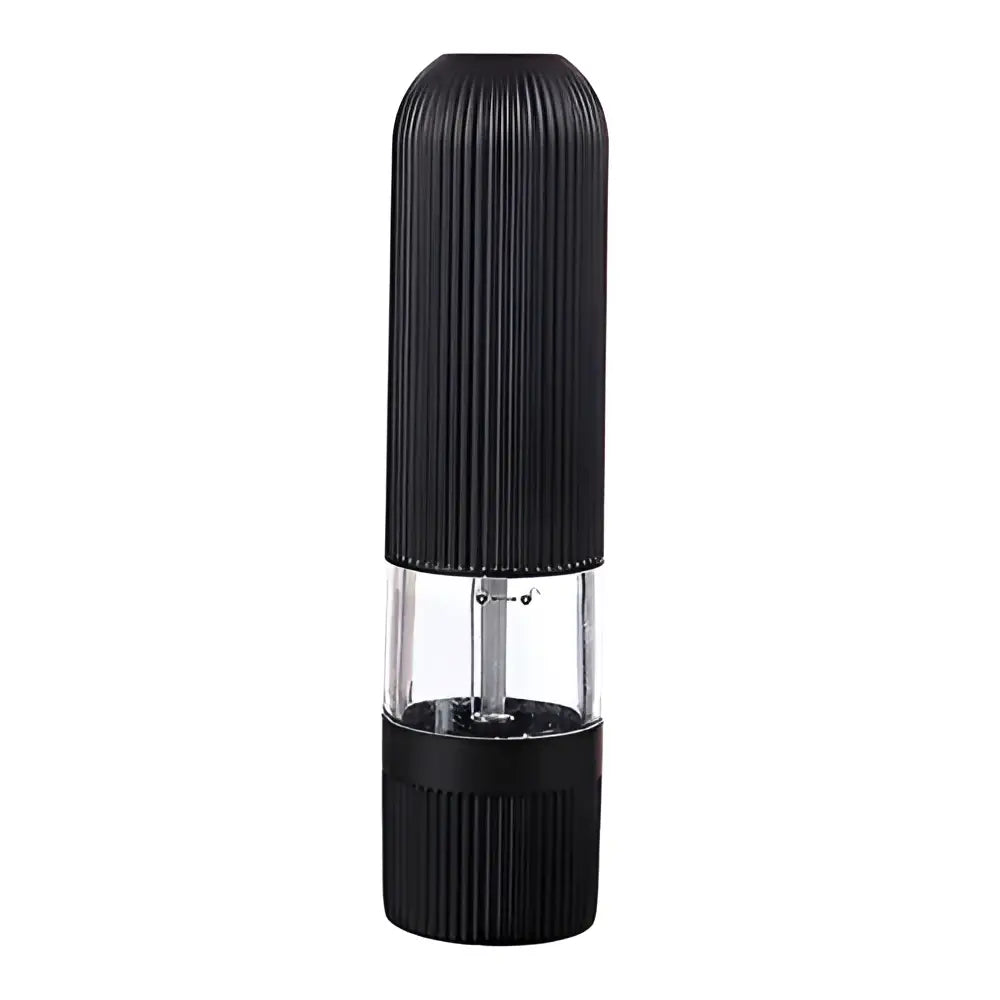 Modern black ribbed automatic salt pepper grinder with clear glass middle and ribbed plastic top and bottom sections