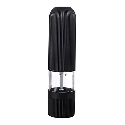 Modern black ribbed automatic salt pepper grinder with clear glass middle and ribbed plastic top and bottom sections