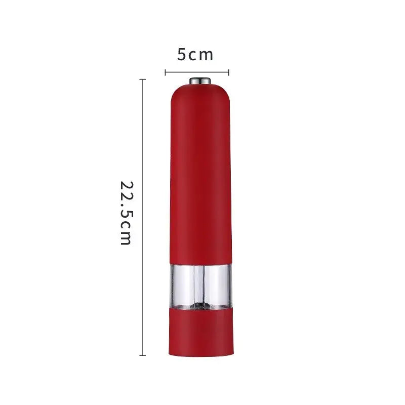 Red electric pepper mill with clear glass section and metallic top in a modern automatic salt pepper grinder set
