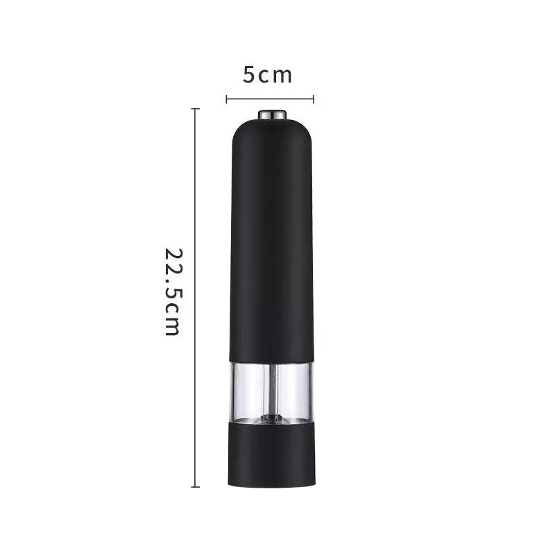 Black electric pepper mill with transparent glass section and metallic top for modern automatic salt pepper grinding