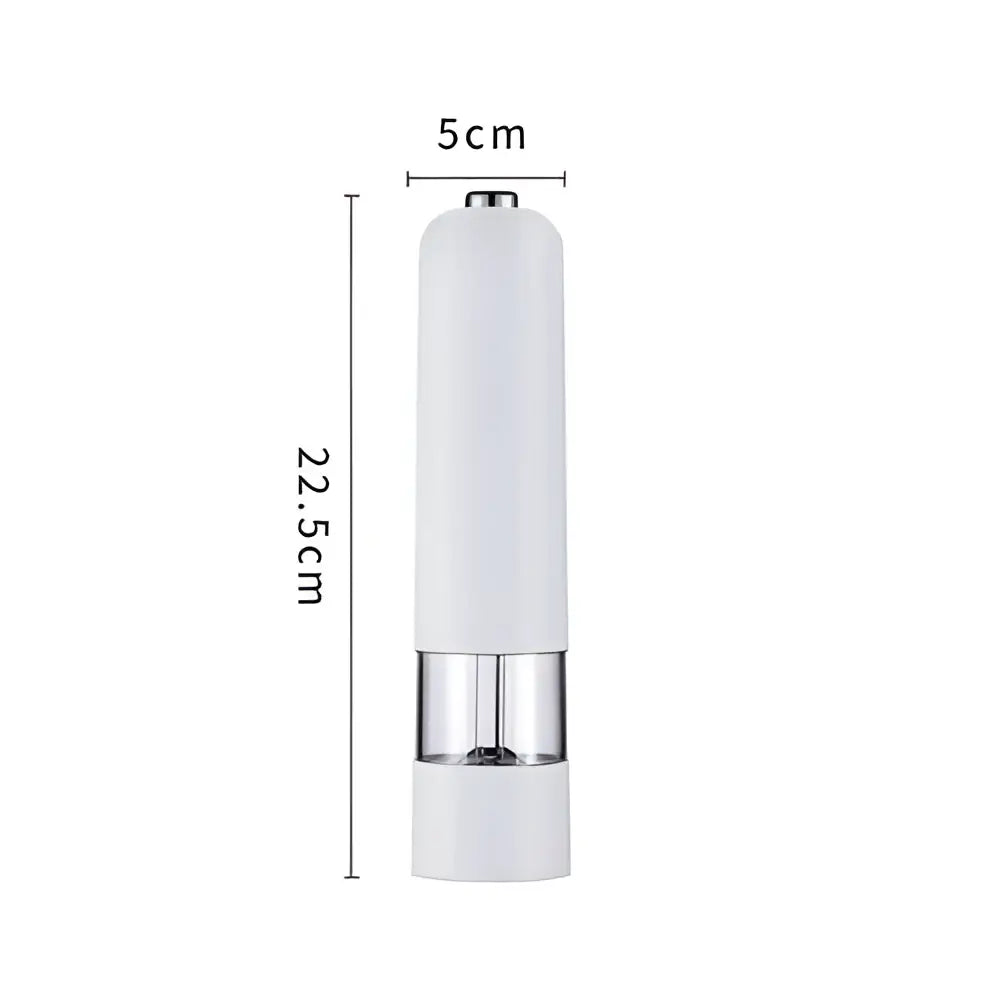 White electric automatic salt pepper mill with clear glass section and chrome accents for modern kitchen use
