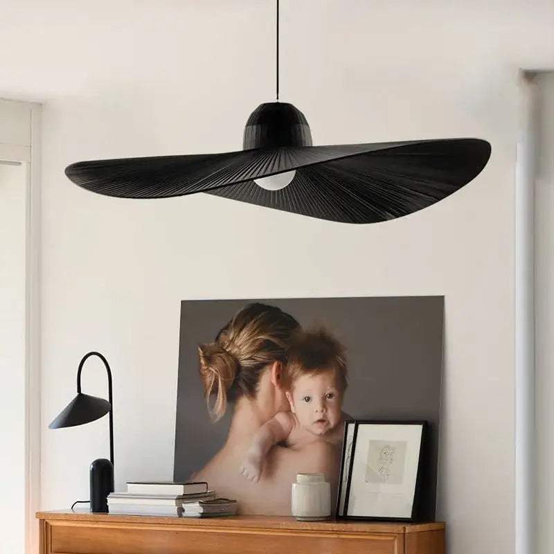 Modern black ribbed designer fabric hat pendant lamp with wide flared design for living room decorbites pendant lamp