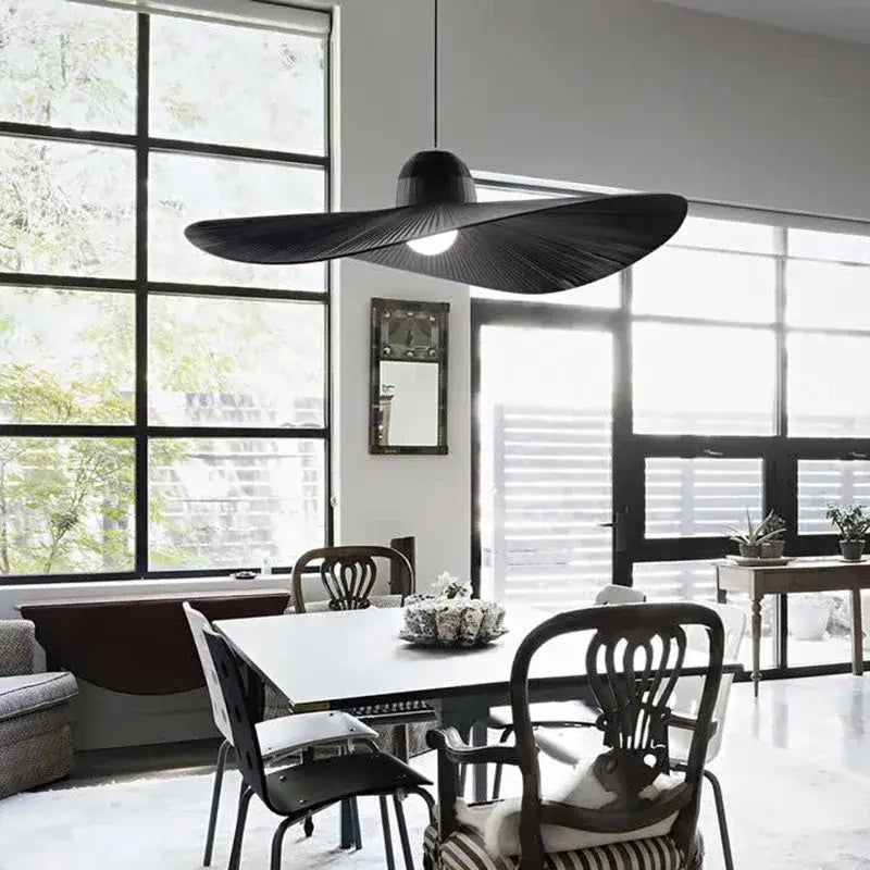 Modern black metal pendant lamp with wide fan-like shade and central bulb featuring decorbites designer fabric hat design
