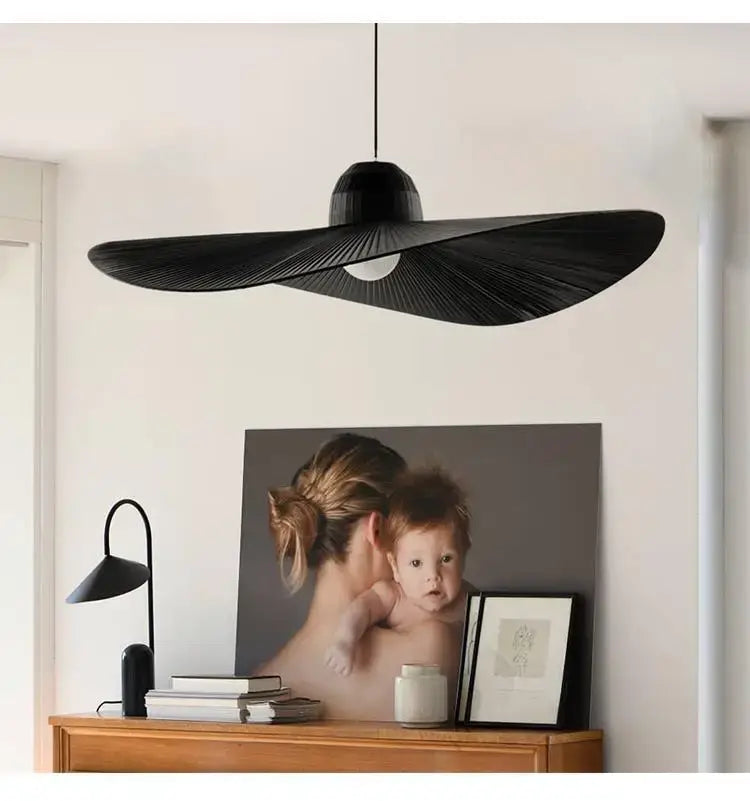 Modern black ribbed designer fabric hat pendant lamp with wide flared textured surface for living room decorbites decor