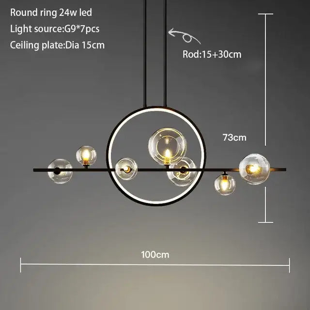 Modern black ring glass globe pendant light with seven glowing bulbs suspended for dining room decorbites black ring