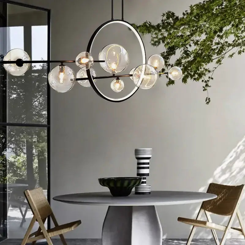 Modern black ring pendant light with clear glass globe bulbs for dining room decorbites black ring design