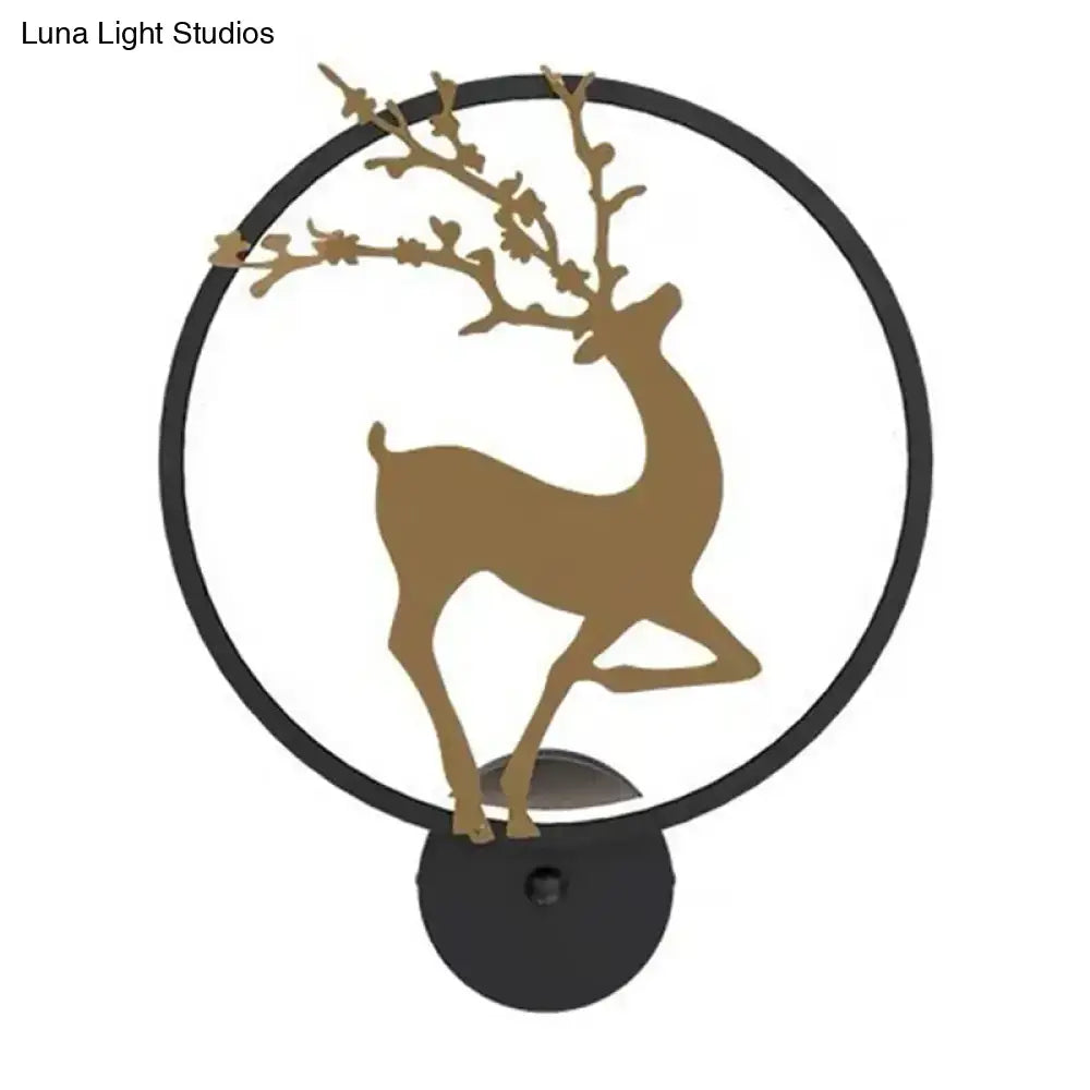 Modern black ring led elk mural wall sconce with golden deer silhouette designed for bedroom lighting with maximum bulb wattage