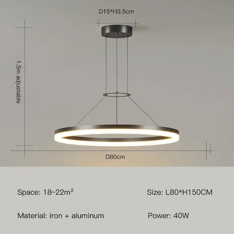 Modern black ring pendant chandelier with sleek iron and aluminum frame emitting warm white light decorbites black ring