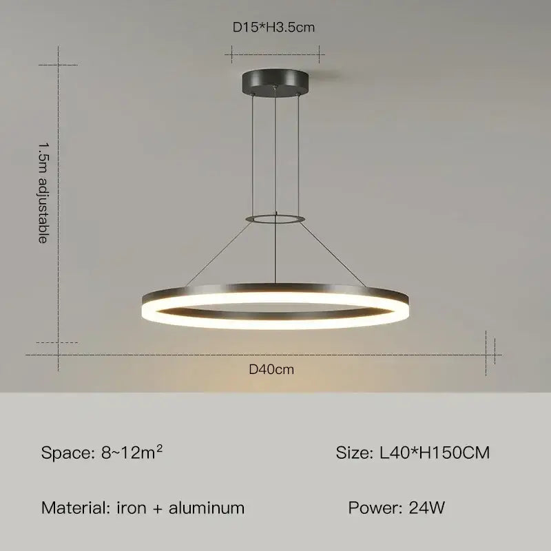 Modern black ring pendant chandelier with circular led light, metallic iron and aluminum frame for living room decorbites black ring