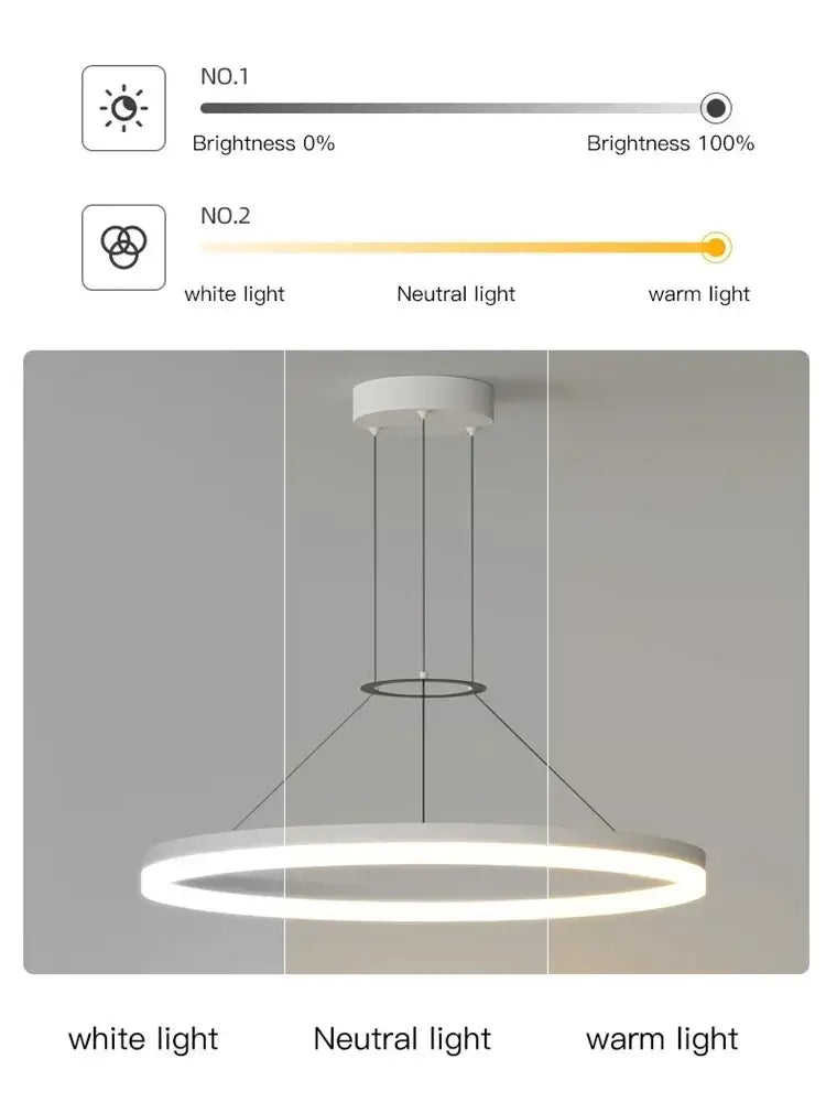 Modern black ring pendant chandelier with minimalist circular led light, adjustable brightness, and decorbites black ring design