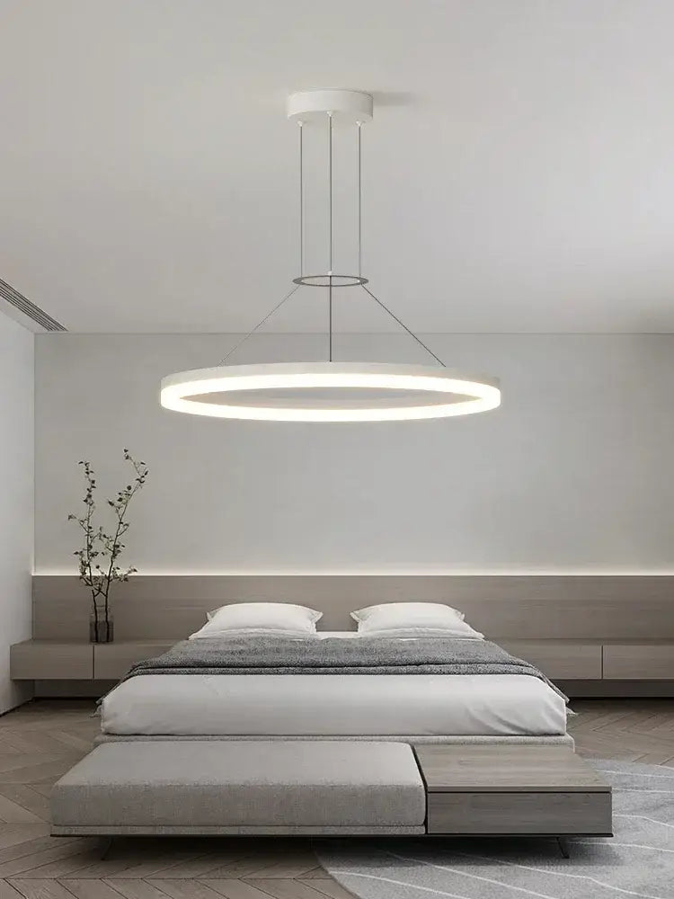 Minimalist white circular pendant chandelier with sleek design for living room featuring decorbites black ring style lighting
