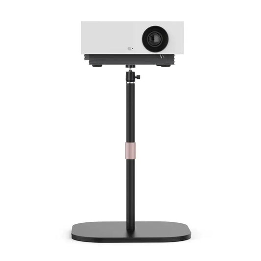 White lg projector on a modern black and rose gold decorbites adjustable height monitor stand office accessory