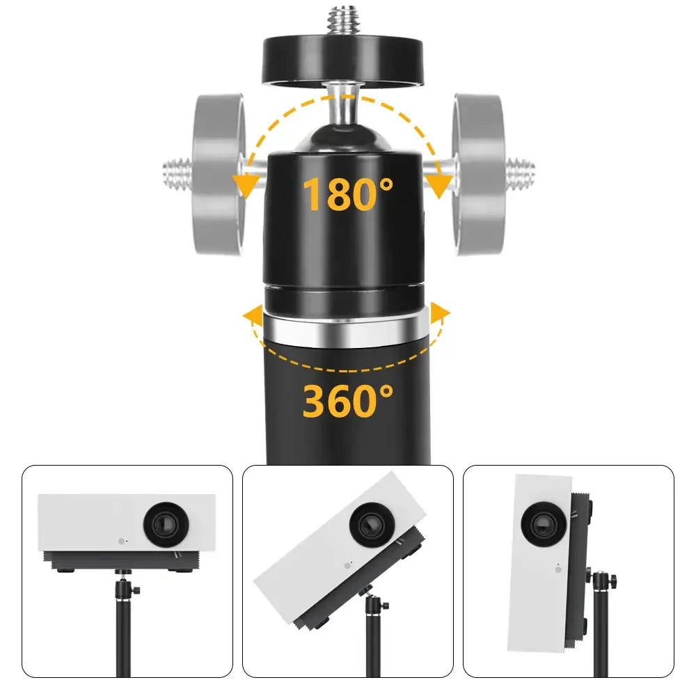 Black 360-degree rotating camera tripod head with silver accents and adjustable locking mechanisms for decorbites adjustable height monitor stand