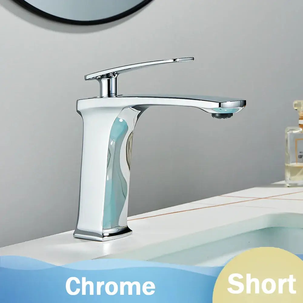 Chrome-finished short basin faucet with sleek modern design featuring rose gold accents for decorbites black rose decor