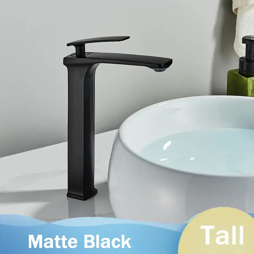 Matte black tall basin faucet with modern minimalist design featured in decorbites black rose gold mixer tap collection