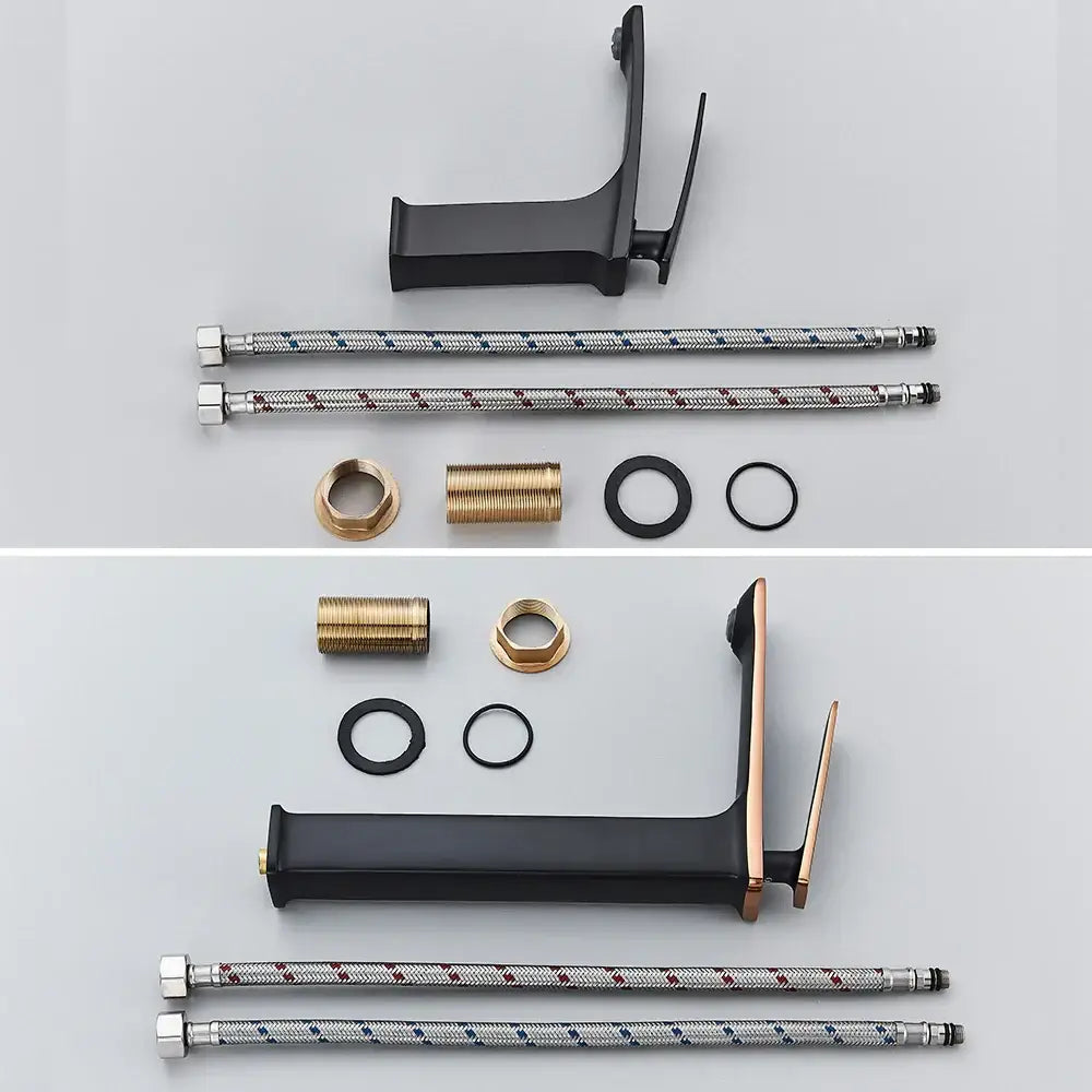 Modern black & rose gold basin faucet with black matte finish, rose gold accents, and braided metal hoses decorbites black rose