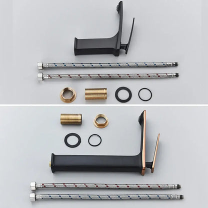 Modern black & rose gold basin faucet with black matte finish, rose gold accents, and braided metal hoses decorbites black rose