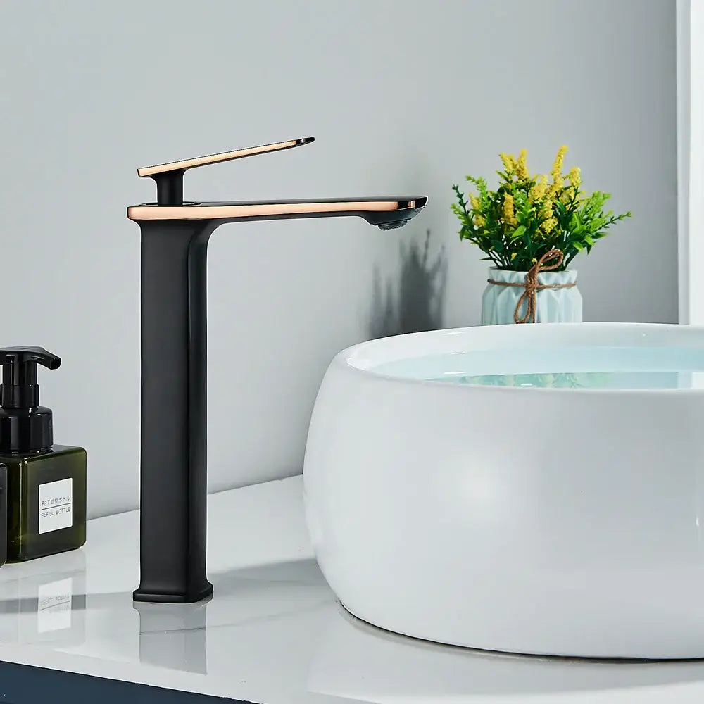 Modern black rose gold basin faucet with matte black base and rose gold accents for bathroom sink mixer tap decorbites black rose