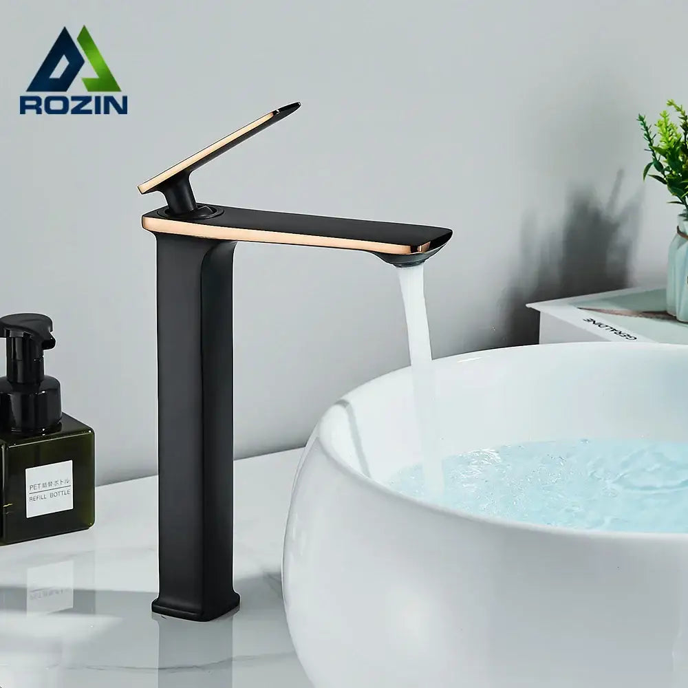 Modern black & rose gold basin faucet with sleek tall design perfect for bathroom sink mixer tap decorbites black rose